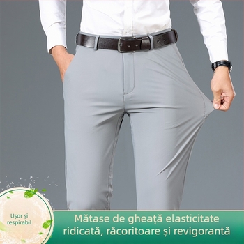 Solicitare pentru Pantaloni casual subțiri de vară pentru bărbați, din nailon cu elasticitate ridicată, din mătase glacială, pantaloni eleganți pentru bărbați, pantaloni lungi
