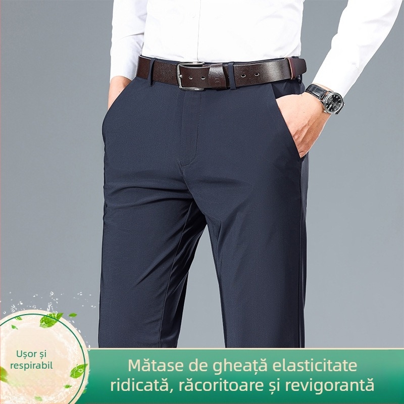 Solicitare pentru Pantaloni casual subțiri de vară pentru bărbați, din nailon cu elasticitate ridicată, din mătase glacială, pantaloni eleganți pentru bărbați, pantaloni lungi