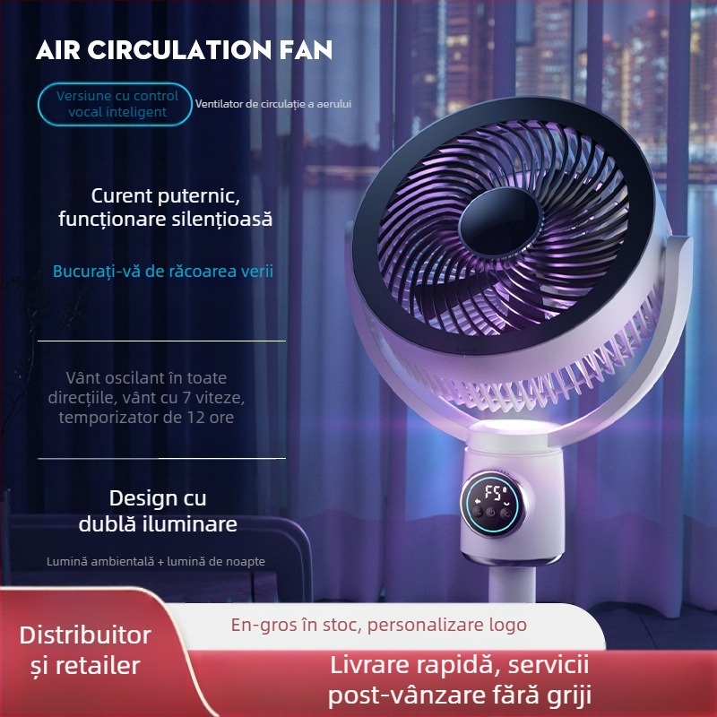Ventilator de circulație a aerului popular transfrontalier, ventilator inteligent cu voce, ventilator de masă și suport pentru uz casnic, cu cap telescopic cu dublă utilizare, ventilator de podea