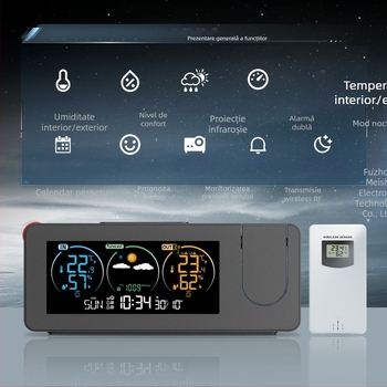 Ceas de proiecție electronic transfrontalier cu produs nou, calendar perpetuu, stație meteo, prognoză meteo, temperatură, umiditate, ecran color, ceas deșteptător digital