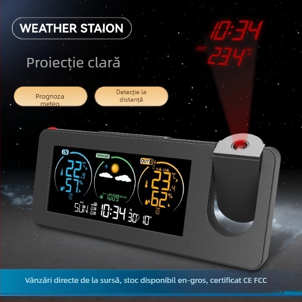 Ceas de proiecție electronic transfrontalier cu produs nou, calendar perpetuu, stație meteo, prognoză meteo, temperatură, umiditate, ecran color, ceas deșteptător digital