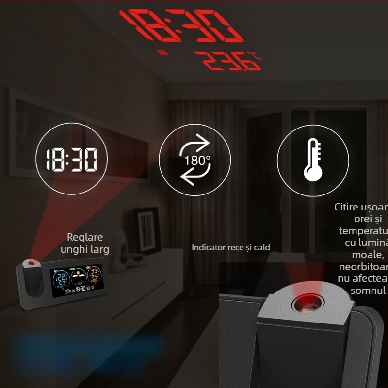 Ceas de proiecție electronic transfrontalier cu produs nou, calendar perpetuu, stație meteo, prognoză meteo, temperatură, umiditate, ecran color, ceas deșteptător digital