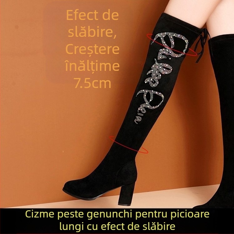 Cizme peste genunchi pentru femei cu toc gros 2022 toamna și iarna Cizme noi din catifea caldă, subțiri și elastice, cizme cu toc înalt, cizme înalte