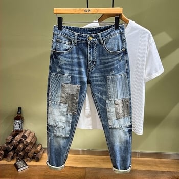 Blugi cusuți cu ac pentru bărbați, la modă, de brand transfrontalier, cu bandă de cusut, slim fit, mici, cu picioare drepte, pantaloni rezistenți, brodați, pui, stil personal frumos