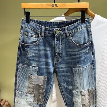 Blugi cusuți cu ac pentru bărbați, la modă, de brand transfrontalier, cu bandă de cusut, slim fit, mici, cu picioare drepte, pantaloni rezistenți, brodați, pui, stil personal frumos