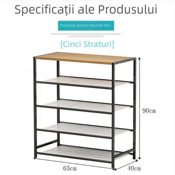 Raft de pantofi din oțel-lemn, raft de depozitare multifuncțional pentru podea, cu cinci straturi, pentru dormitor, pentru uz casnic, asamblare multistrat, dulap simplu pentru pantofi din fier