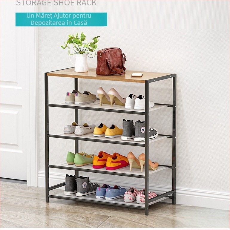 Raft de pantofi din oțel-lemn, raft de depozitare multifuncțional pentru podea, cu cinci straturi, pentru dormitor, pentru uz casnic, asamblare multistrat, dulap simplu pentru pantofi din fier