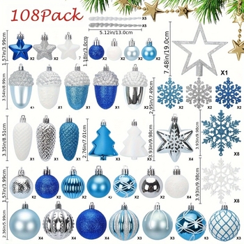 Set cadou de Crăciun cu 108 buc., în stoc, pentru decorațiuni de brad, cu stea, înger, fulg de zăpadă, glob de Crăciun pictat din plastic
