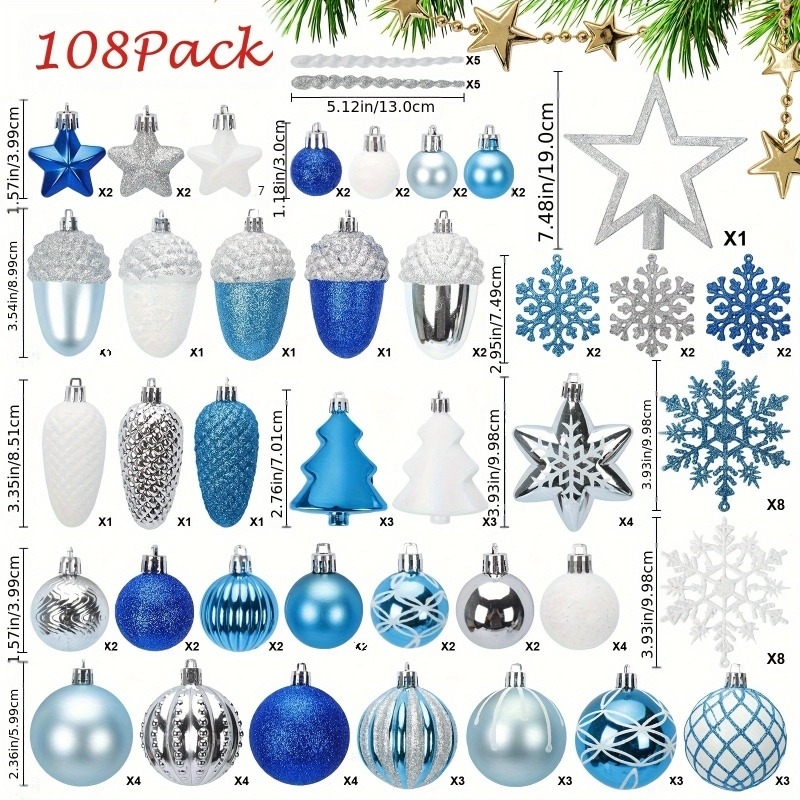 Set cadou de Crăciun cu 108 buc., în stoc, pentru decorațiuni de brad, cu stea, înger, fulg de zăpadă, glob de Crăciun pictat din plastic