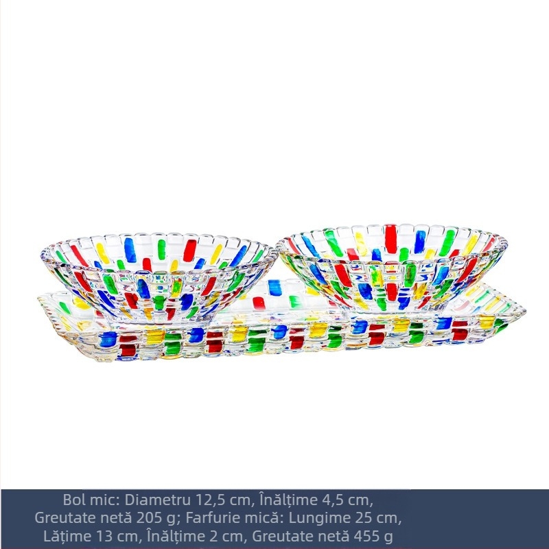 Sticlă colorată, farfurie cu fructe uscate, tavă cu dungi din ratan pictat, bol de sticlă, bol de desert, casnic, living, masă de cafea, farfurie cu fructe