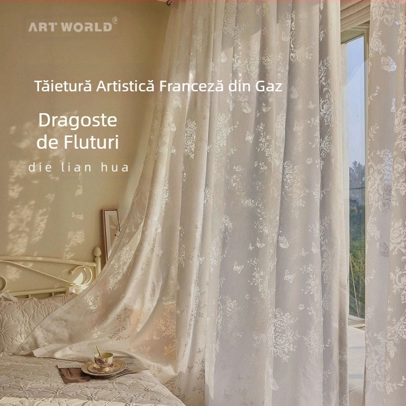 Perdele artistice în stil francez, de vis, cu perdele transparente florale pentru sufragerie și dormitor, ferestre de la podea până la tavan, perdele transparente rococo cu fluturi și trandafiri