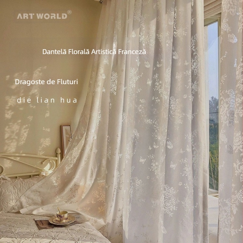 Perdele artistice în stil francez, de vis, cu perdele transparente florale pentru sufragerie și dormitor, ferestre de la podea până la tavan, perdele transparente rococo cu fluturi și trandafiri