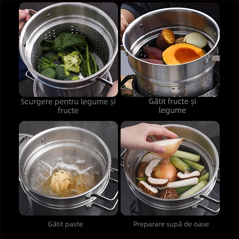 Oală de paste multifuncțională din oțel inoxidabil, îngroșată transfrontalieră, oală de orez prăjit cu apă opărită, oală de supă neacoperită, aragaz universal