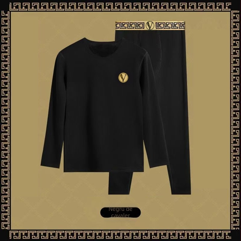 Set de lenjerie termică luxoasă pentru bărbați, toamnă și iarnă, cămașă cu strat de bază subțire, căptușită cu fleece și îngroșată, croială slim pentru iarnă