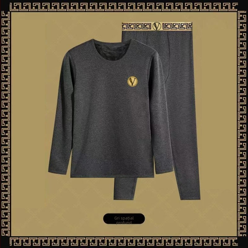 Set de lenjerie termică luxoasă pentru bărbați, toamnă și iarnă, cămașă cu strat de bază subțire, căptușită cu fleece și îngroșată, croială slim pentru iarnă