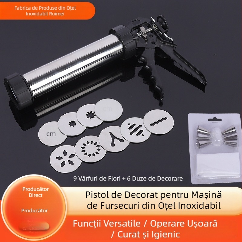 Pistol de biscuiți din oțel inoxidabil de uz casnic, storcător de biscuiți, mașină de decorat cremă, duză de decorare, rezolvat fasole, instrumente de copt acasă