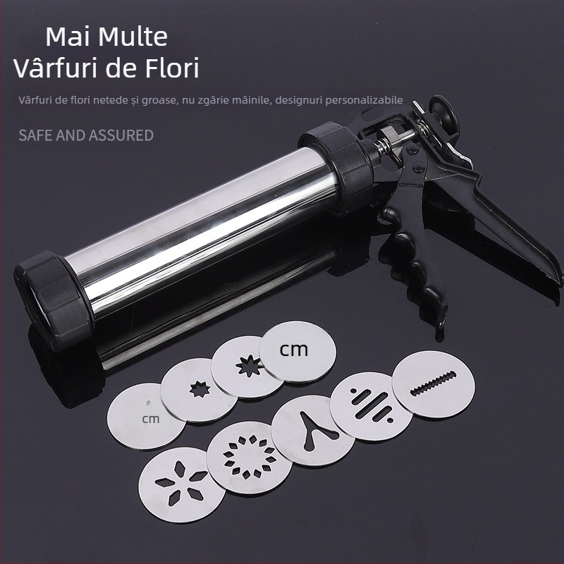 Pistol de biscuiți din oțel inoxidabil de uz casnic, storcător de biscuiți, mașină de decorat cremă, duză de decorare, rezolvat fasole, instrumente de copt acasă