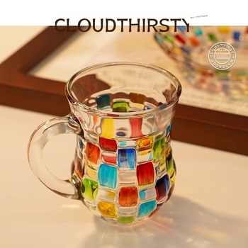 Cană de sticlă colorată pictată manual în stil nordic, cană de suc pictată, cană de cafea, cană de whisky, cană de nișă, cristal