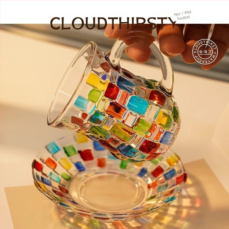 Cană de sticlă colorată pictată manual în stil nordic, cană de suc pictată, cană de cafea, cană de whisky, cană de nișă, cristal