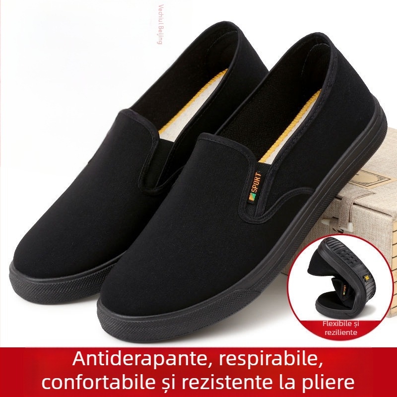 Pantofi de vară pentru bărbați, pantofi de pânză vechi de la Beijing, respirabili, pentru tătici, de vârstă mijlocie și vârstnici, antiderapanți, negri, de lucru, cu pantofi plat