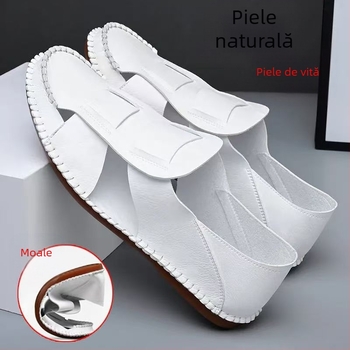 Sandale romane noi pentru bărbați, în stil chinezesc, din piele naturală, respirabile, albe, la modă, versatile, pentru plajă, cu talpă de cauciuc