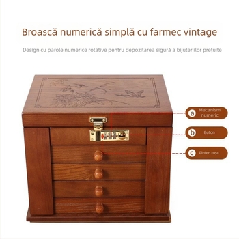 Cutie de depozitare pentru cercei, cercei, colier, cutie de bijuterii, capacitate mare, cutie de organizare retro simplă, din lemn, cutie de mare capacitate