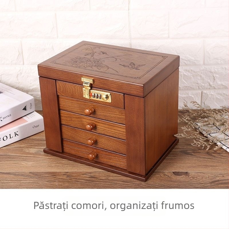 Cutie de depozitare pentru cercei, cercei, colier, cutie de bijuterii, capacitate mare, cutie de organizare retro simplă, din lemn, cutie de mare capacitate