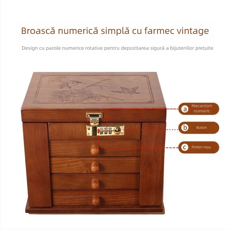 Cutie de depozitare pentru cercei, cercei, colier, cutie de bijuterii, capacitate mare, cutie de organizare retro simplă, din lemn, cutie de mare capacitate