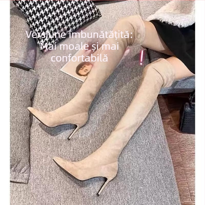 Cizme peste genunchi pentru femei 2025 noi toamna și iarna cizme înalte negre cu toc înalt cizme subțiri cu vârful ascuțit cizme stiletto elastice