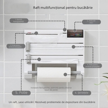 √ Suport de depozitare multifuncțional pentru bucătărie, montat pe perete, pentru folie alimentară, cutie de depozitare, tăietor, suport pentru plasarea rolei de hârtie