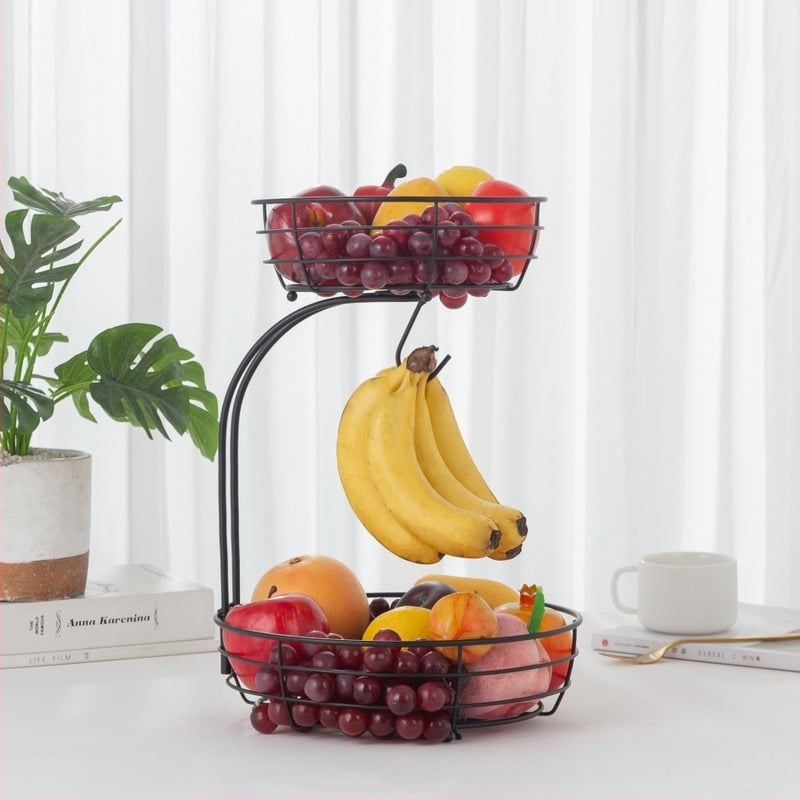 Coș de fructe creativ cu două straturi, cârlig pentru banane de uz casnic, coș de fructe, raft de depozitare pentru fructe, bazin de fructe în stil european, masă de cafea, gustări, farfurie cu fructe uscate