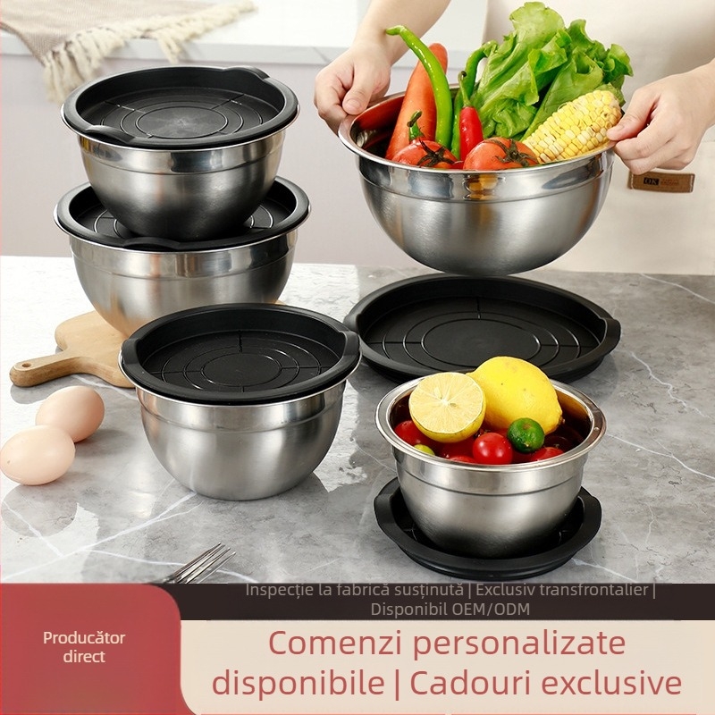 Bazin de ouă din oțel inoxidabil îngroșat, bazin mixt pentru salah, cu capac și bazin de bucătărie, coacere, gătit, bazin multifuncțional pentru fructe