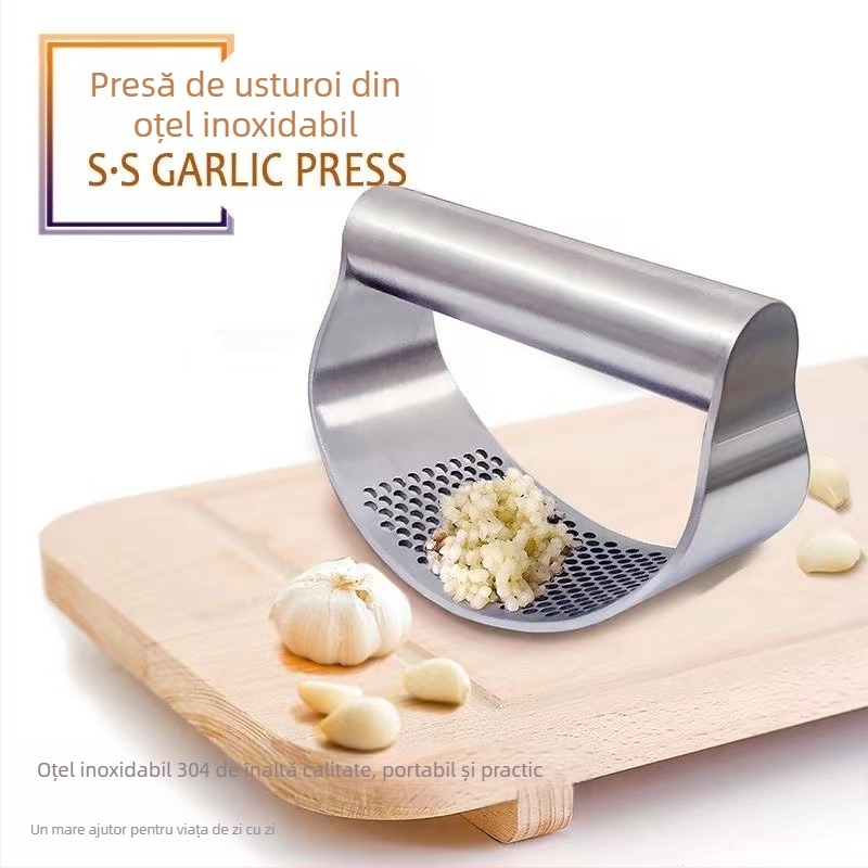 Presă de usturoi din oțel inoxidabil cu inel, de mână, cu presă de usturoi, presă de usturoi cu arc, producător în stoc