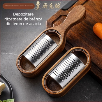 Răzătoare de brânză din oțel inoxidabil, cutie de depozitare din lemn de salcâm, cu răzătoare de brânză, instrument de tăiat brânză