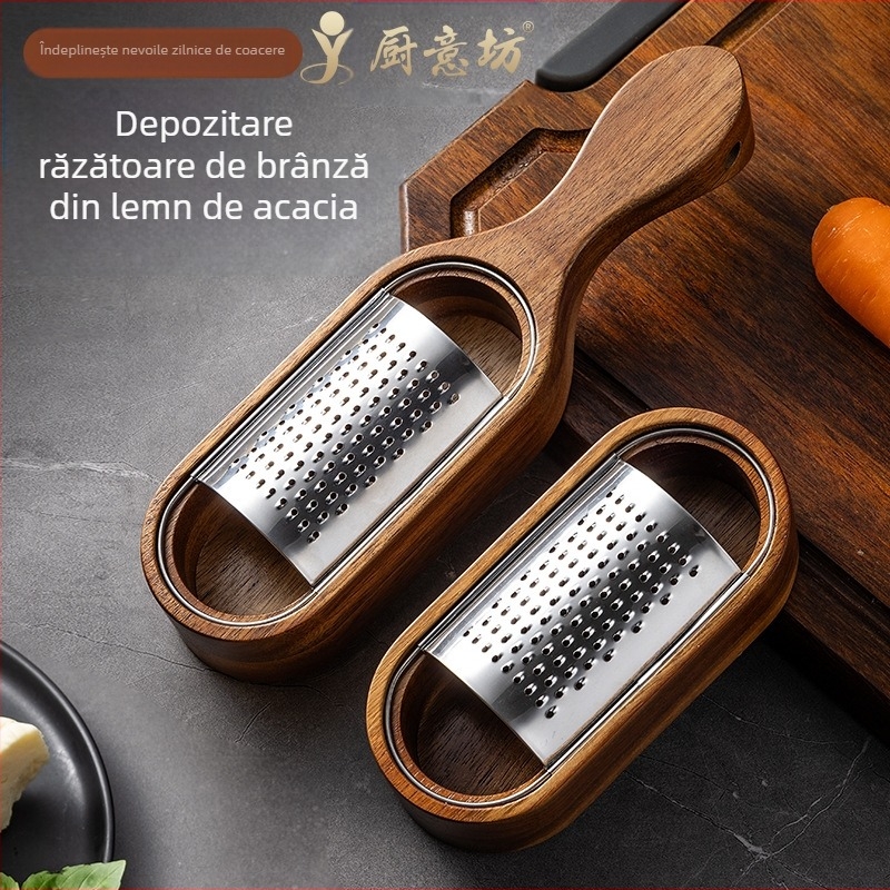 Răzătoare de brânză din oțel inoxidabil, cutie de depozitare din lemn de salcâm, cu răzătoare de brânză, instrument de tăiat brânză
