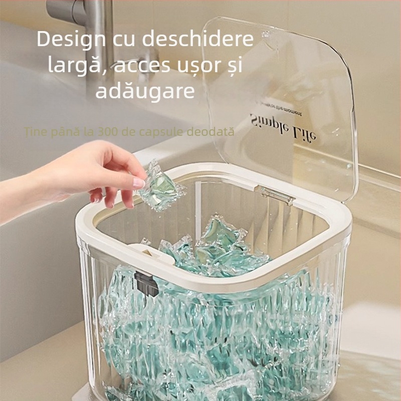 Artefact de depozitare a perlelor detergentului de rufe, cutie de depozitare a prafului de rufe, găleată, borcan, cutie specială de depozitare cu etanșare a perlelor pentru mașina de spălat vase, tip presare