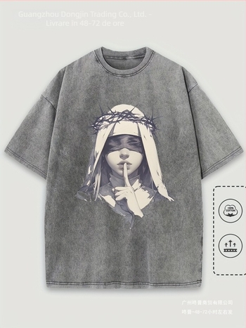 Tricou bărbătesc cu model casual, mânecă scurtă din bumbac pur, imprimeu artistic cu femeie legată la ochi și sârmă ghimpată, croială lejeră, 1 bucată