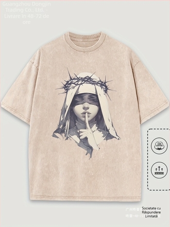 Tricou bărbătesc cu model casual, mânecă scurtă din bumbac pur, imprimeu artistic cu femeie legată la ochi și sârmă ghimpată, croială lejeră, 1 bucată