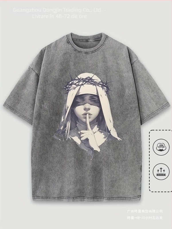 Tricou bărbătesc cu model casual, mânecă scurtă din bumbac pur, imprimeu artistic cu femeie legată la ochi și sârmă ghimpată, croială lejeră, 1 bucată