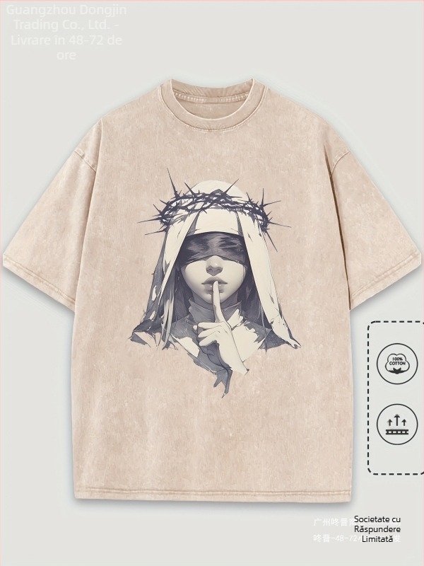 Tricou bărbătesc cu model casual, mânecă scurtă din bumbac pur, imprimeu artistic cu femeie legată la ochi și sârmă ghimpată, croială lejeră, 1 bucată