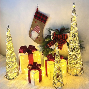 Decorațiuni de Crăciun cutie cadou luminoasă din fier forjat ornamente cu cap de brad de Crăciun aspect scenă decorare con fereastră