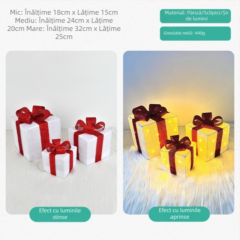 Decorațiuni de Crăciun cutie cadou luminoasă din fier forjat ornamente cu cap de brad de Crăciun aspect scenă decorare con fereastră