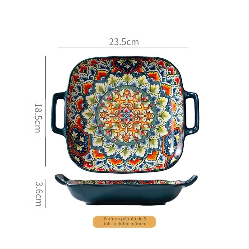 Farfurie pătrată ceramică boemă cu două urechi pentru uz casnic, farfurie de mare valoare, farfurie pentru fructe, farfurie pentru paste, sigură pentru cuptor și cuptor cu microunde