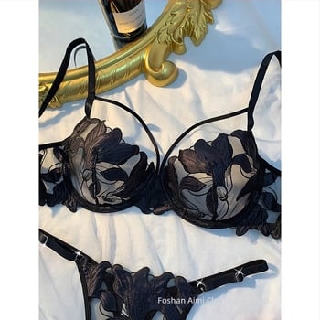 Set de sutien sexy ultra-subțire din dantelă franceză pentru femei, cu tanga, sutien erotic push-up cu armătură 25002