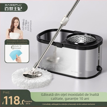 Mop automat rotativ cu găleată, din oțel inoxidabil, pentru uz casnic, fără mâini, pentru persoane leneșe, cu găleată rotativă cu dublă acționare