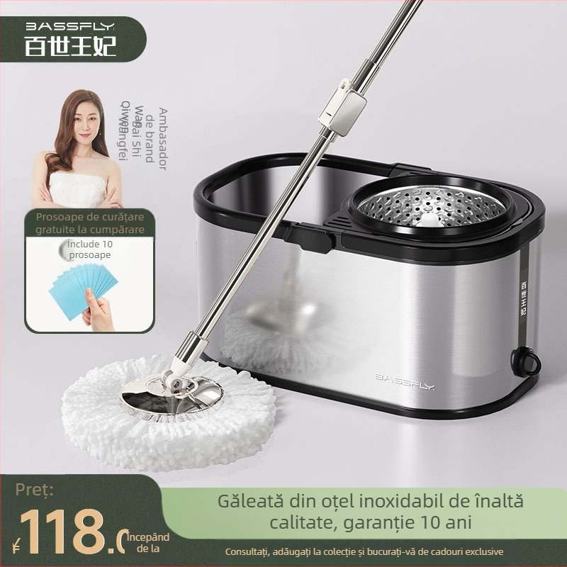 Mop automat rotativ cu găleată, din oțel inoxidabil, pentru uz casnic, fără mâini, pentru persoane leneșe, cu găleată rotativă cu dublă acționare