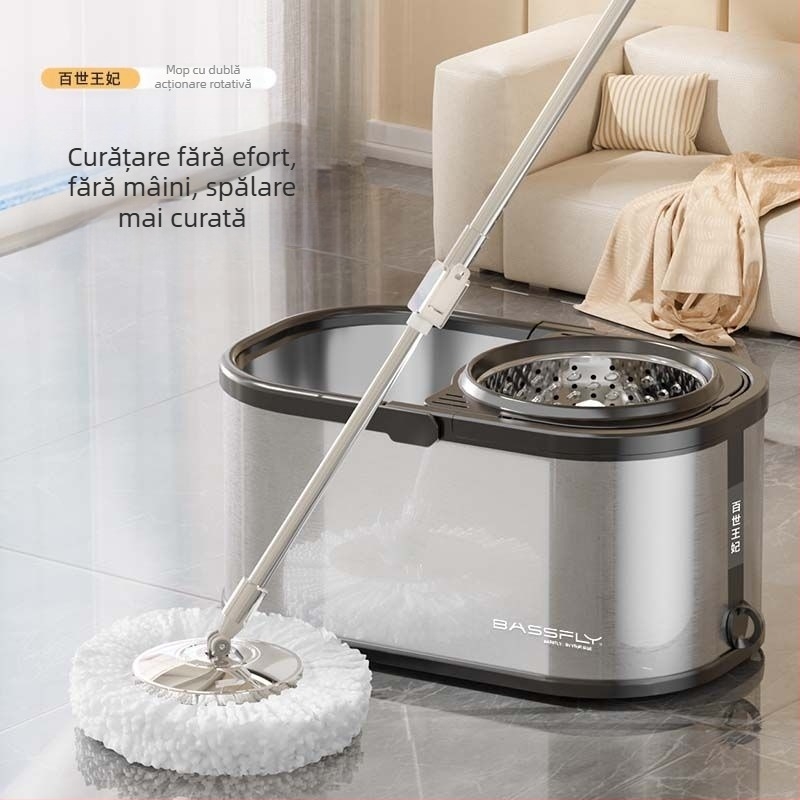 Mop automat rotativ cu găleată, din oțel inoxidabil, pentru uz casnic, fără mâini, pentru persoane leneșe, cu găleată rotativă cu dublă acționare