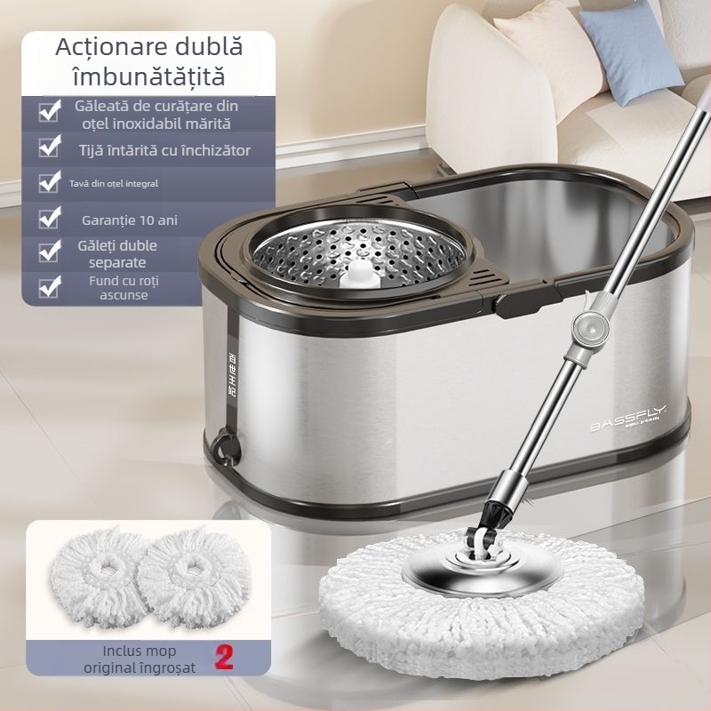 Mop automat rotativ cu găleată, din oțel inoxidabil, pentru uz casnic, fără mâini, pentru persoane leneșe, cu găleată rotativă cu dublă acționare
