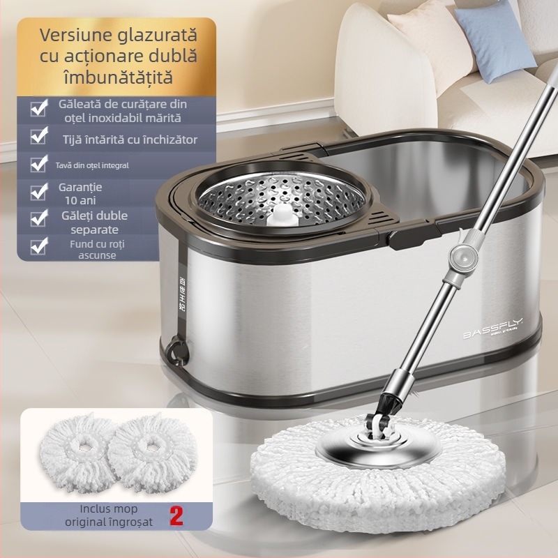 Mop automat rotativ cu găleată, din oțel inoxidabil, pentru uz casnic, fără mâini, pentru persoane leneșe, cu găleată rotativă cu dublă acționare