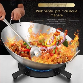 Tigaie transfrontalieră din oțel inoxidabil, tigaie antiaderentă pentru uz casnic, tigaie din fier cu fund rotund, neacoperită, pentru uz casnic, tigaie cu mâner dublu, de calitate alimentară